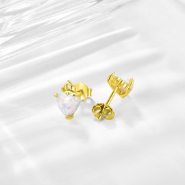 TANGPOET Heart Opal Stud Earrings for Women Girls 925 Sterling Silver White Gemstone Stud Earrings Created Opal Crown Earrings Jewellery Mother's Day Birthday Christmas Gifts for Her, Sterling Silver,
