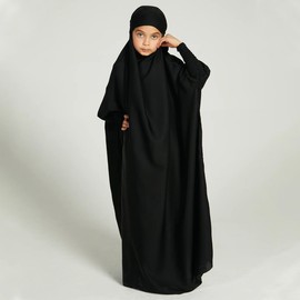 IDOPIP Muslim Dress for Girls Kids One Piece Long Sleeve Islamic Prayer Dress with Hooded Hijab Casual Full Length Maxi Kaftan Abaya Robe Middle East Modest Clothes Black 6-7 Years
