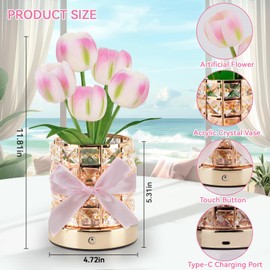 Tulip Flower Lamps, Rechargeable Cordless Small Desk Lamp, 3 Colors Dimmable Artificial Flowers Night Light, Fake Bouquet 5 Tulip with Crystal Vase for Home Date Party Decoration (Tulip-Pink)