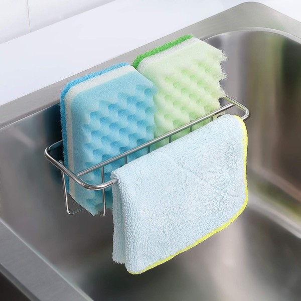 Adhesive Sponge Holder + Dish Cloth Hanger, 2-in-1 Sink Caddy, SUS304 Stainless Steel Rust Proof Water Proof, No Drilling (Silver)