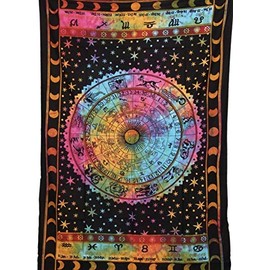 Indian Psychedelic Multi Tapestry Rainbow Zodiac Sun Star Moon Signs - 100% Cotton - Wall hangings Hand Dyed Tapestries Bohemian Bedspread Table Cloth - A Grade - Home Decor - 210 x 140 Centimetres