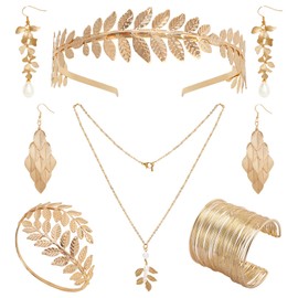 Bcxfbxd 6Pcs Greek Accessories Greek Costume Accessories Greek Jewelry Set Include Golden Laurel Leaf Headband Armband Earring Bracelet Pearl Leaf Necklace for Women