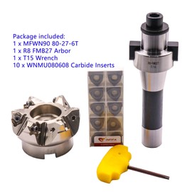 3.15"/80mm Cutting Diameter 6 Flute Indexable CNC Face End Mill Shell Cutter MFWN90 80-27-6T, Shank Face End Mill Arbor R8-FMB27 7/16-20 with 10Pcs WNMU080608 Carbide Inserts and T15 Wrench
