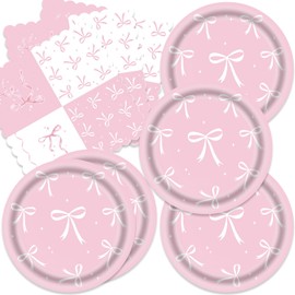 40Pcs Bow Birthday Party Supplies Set Include Pink Bow Napkins, Plates,Baby Shower Pink Bow Party Decorations