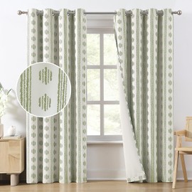 Melodieux Blackout Boho Curtains for Bedroom Room Darkening Curtains 63 Inches Long for Living Room Sage Green on Beige Striped Pattern Cotton Curtains 2 Panel Sets Grommet Thermal Insulated