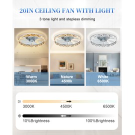 Gyradi Ceiling Fans with Lights and Remote, 19.7 Inch Fandelier Ceiling Fan Flush Mount, 3000K-6500K Dimmable LED Fan Light, Low Profile Ceiling Fans with Lights for Bedroom