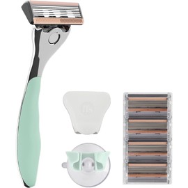 FFS Beauty Starter Shaving Set for Women - Premium Metal Razor Handle, Shower Holder, Travel Pouch, 4 SmoothGlide 6-Blade Cartridges with Vitamin E Lubrication Strip (Olive)