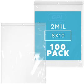 GPI – 8 x 10 pulgadas – Paquete a granel de 100 bolsas de plástico transparente resellables de 2 mil de grosor, agujero para colgar para exhibición, bolsas de polietileno duraderas con cierre superior resellable para almacenamiento, embalaje y envío