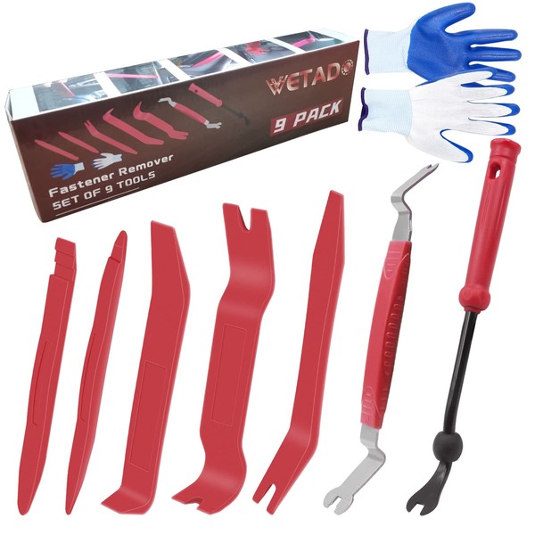 Wetado Trim Removal Tool Kit, Car Door Audio Panel Trim Removal Set Car Upholstery Repair Kit, Fastener Terminal Remover Tool Adhesive Cable Clips Pry Kit Auto Clip Pliers 9PCS (Red)