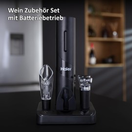 Haier - Elektrisches Weinset/Weinöffner-Set inkl. Dekantieraufsatz und Tropfschutz in Tulpenform, Korkenzieher, Kapselschneider und 2 Vakuumverschlüssen/batteriebetrieben / HAWUKIT06
