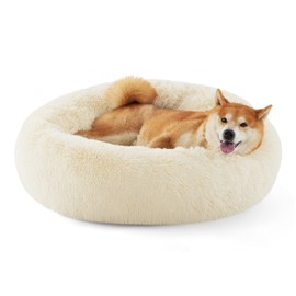 Bedsure Calming Dog Bed for Medium Dogs - Donut Washable Medium Pet Bed, Anti-Slip Round Fluffy Plush Faux Fur Cat Bed, Fits up to 45 lbs Pets, Oat Milk, 30 inches