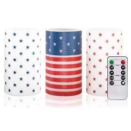 Stmarry Set of 3 Patriotic American Flag Flameless LED Battery Operated Pillar Candles with Remote Control, 4th of July Candles for Home