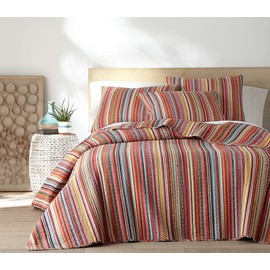 Levtex home - Uluru Quilt Set - Twin Quilt + Two Standard Pillow Shams - Boho Stripe - Orange Teal Red Green Yellow Black White - Quilt (68x86in.) and Pillow Sham (26x20in.) - Cotton