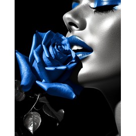 DIY 5D Diamond Art Painting by Number Kits Black White Woman Blue Lips and Rose Paint with Full Drill Round Diamond Art for Beginner Cross Stitch Wall Decoration Festival Gift(30x40cm)