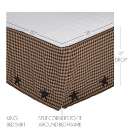 VHC Brands Check Star Cotton Primitive Split Corners Appliqued King Bed Skirt, Raven Black