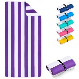 Fit-Flip Beach towel microfibre - large quick dry towels - for travel and swimming - lightweight, compact and super absorbent - sand free, 100% recycled - White-Purple stripes 160x90cm