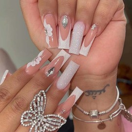 RikView French Tip Press on Nails Long Acrylic Nails White Coffin Fake Nails with Flowers Design Full Cover Nails 24 PCs/Set