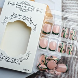 24Pcs St. Patrick's Day Press on Nails Short Square Nails French Tip Fake Nails with Green Stripe Shamrock False Nails Gold Glitter Glue on Nails Saint Patrick's Day Acrylic Nails for Women Girls