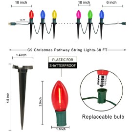 C9 LED Christmas Pathway Lights, 38FT Multi-Color Christmas Pathway String Lights with 25 Multi-Color LED Light Bulbs and Stakes for Outdoor Walkway Driveway Backyard Christmas Decorations
