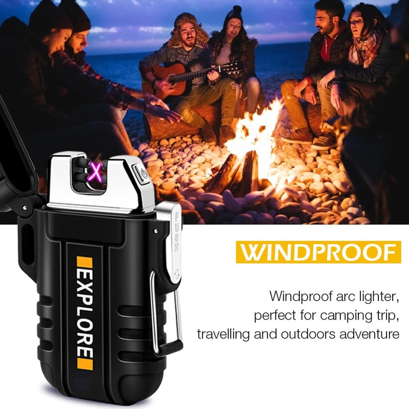 LcFun Waterproof Electric Lighter Windproof Dual Arc USB Rechargeable Flameless