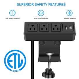 CCCEI 3 Outlet Desk Clamp Power Strip with USB Ports, Desktop Power Strip Surge Protector 1200J. Table Mount Charging Power Station, on Edge Power Outlet 125V 12A 1500W.