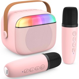 YUNSYE Karaoke Machine for Kids Adults, Mini Portable Bluetooth Speaker with 2 Wireless Microphone, Kids Toys Birthday Gifts for Girls Ages 4-12 +Year Old Family Home Party (Pink)