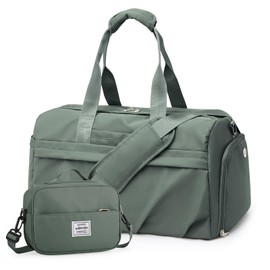 Gym Bag for Women Men, Sport Duffel Bag with Toiletry Bag & Shoe Compartment,Waterproof Travel Weekender Overnight Carry on Bag for Yoga with Trolley Sleeve, Green Set