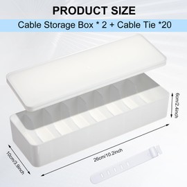 Tatuo 4 Pcs Cable Organizer Box with Wire Ties, Plastic Cord Storage Box with Lid, Electronics Organizer for Home Office Desk Organizers and Accessories (White)