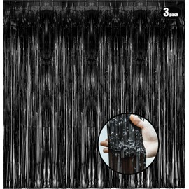 Black Foil Fringe Curtains Fachoige 3pack Tinsel Backdrop Party Streamers Door Curtains Photo Backdrop for Chrismas/Disco/Birthday/Graduation/Party Decorations and Supplies