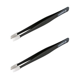 Aoje-Link ESD-34a Professional Anti-Static Precision Technology Tweezers, Non-Magnetic Flat Straight, Stainless Steel Plastic Coated, Full Length 120mm, Black, 2pcs