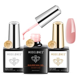 modelones 8 in One Builder Gel und Base Coat Top Coat Gel UV LED Nagellack Set 3 x 15ml, Rubber Base UV Nagellack für Modellage und Strengthener Extension Gelnägel Maniküre Nageldesign Nude Rosa