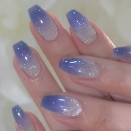 ANDGING Ombre Blue Press on Nails Coffin Short Medium Fake Nails Acrylic Glue on Nails with Gradient Glitter Design Women False Nails with Glue Manicure Gel Stick on Nails for Wedding Birthday DKL68