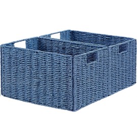 Vagusicc Wicker Storage Basket, Set of 2 Hand-Woven Paper Rope Wicker Basket, Small Storage Baskets for Organizing Toilet Paper Basket, Foldable Large Cube Storage Organizer Bins for Shelves (Blue)