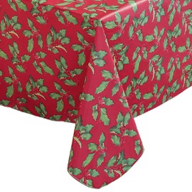 SASTYBALE Round Vinyl Christmas Tablecloth with Flannel Backing, Vintage Holly & Berry Print Waterproof & Heavy Weight Table Cover for Dining, Party, Indoor & Outdoor Decor, 70 Inch Red