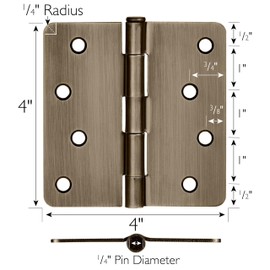 Door Hinges for Interior Doors 6-Pack 4-inch x 4-inch – Rounded 1/4-inch Radius Steel Door Hinge – Antique Brass – Fits Standard Doors – Design House 186080