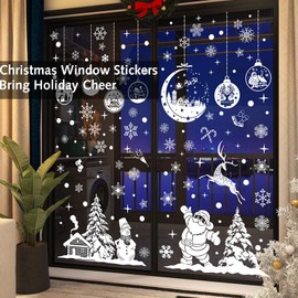Christmas Window Stickers,Snow and Santa Claus Flakes Stickers Christmas Window, 9 Sheet Reusable Window Clings-Double Sided Static Stickers