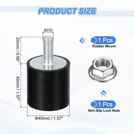 sourcing map M10 Thread Rubber Mounts, Vibration Isolators, Cylindrical Shock Absorber with Studs 40 x 40mm with Non-Slip Nuts
