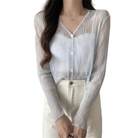 xppe Women's Cardigan, Thin, V-Neck, See-Through Top, Knit, Cooling Protection, UV Protection, Sunscreen, Stylish, Office, Outings, Sheer, Charming Skin, Short Length, Open Front, Beautiful, Elegant,