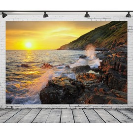 Loccor 9x6ft Fabric Rocky Beach Backdrop Rocky Coast Stone Sea Waves Gold Sunset Landsacpe Background Adult Lovers Portrait Wedding Travel Vacation Birthday Party Decor Photo Studio Props