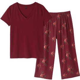 Vozanet Women's Capri Pajama Sets Floral Patterns Sleepwear Elegant Wine Red Nighty 2PCS Sets Plus Size, Florals-Red, Large