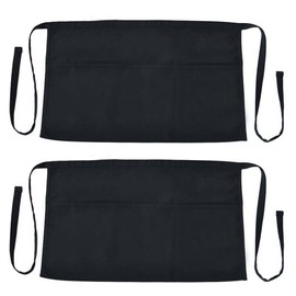 kuou Pack of 2 Waist Aprons, Black, 50 x 32.5 cm, Half Apron, Unisex Waiter's Apron with 3 Pockets, Short Cooking Apron for Cook, Waiter, Baker, black