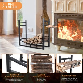 PHI VILLA Heavy Duty Firewood Racks Indoor/Outdoor Log Rack with Kindling Holder, 30 Inches Tall, Black