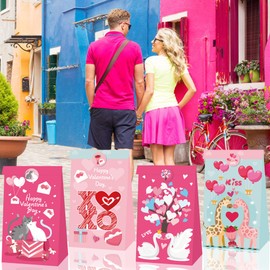 mdgfge Valentine's Day Paper Heart Love Bags Goodies Treats Candy Bags Love Theme Cute Design Snack Dessert Wrapping Package Decor for Valentine's Day Anniversary Party Favors Supplies (12 Pcs)