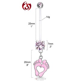 Forbidden Body Jewelry 14G 1" Pregnancy Bioflex Adjustable & Flexible Dangle Baby Feet CZ Maternity Belly Ring, Pink (1pc)