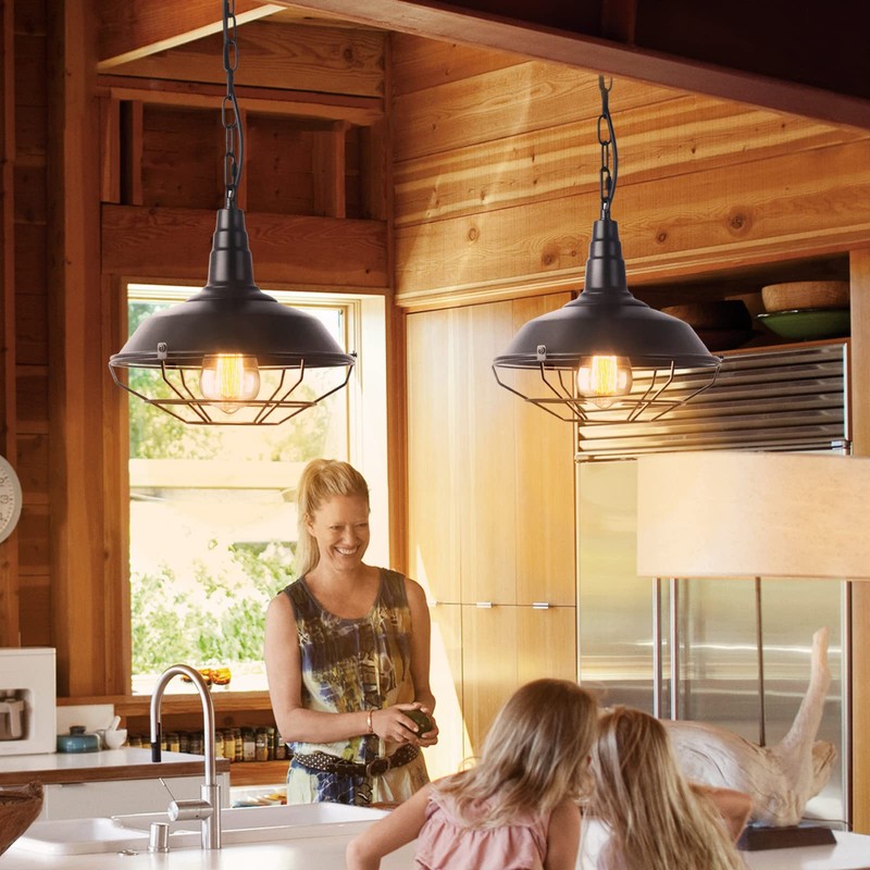 Karjearl Black Farmhouse Pendant Light - 2 Pack Industrial Vintage