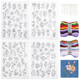 GLOBLELAND 4 Sheets Flowers and Leaves Water Soluble Hand Sewing Stabilizers Embroidery Kit with Threads Needle for Fabric Embroidery Stitch Practice for Embroidery Lovers