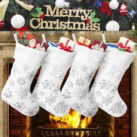 GugnRyAc Large Christmas Stockings 4 - 45 cm Plush Faux Fur Xmas Stocking with Snowflake, Christmas Stocking for Fireplace Hanging Stockings for Christmas Decoration (Silver)