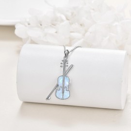 YAFEINI Sterling Silver Violin and Violin Bow Pendant Necklace with Opal Stone - Music Jewelry Gift for Women Violinists