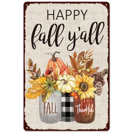 Whaline Retro Tin Sign Fall Thanksgiving Pumpkin Leaves Mason Jar Metal Sign Thanksgiving Day Wall Art Decor Welcome Holiday Decor Iron Plaque Sign for Club Bar Garage Wall Decor, 12 x 8 Inch