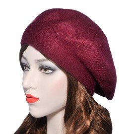 ZLYC Womens French Beret hat, Reversible Solid Color Cashmere Mosaic Warm Beret Cap for Girls (Burgundy),One Size